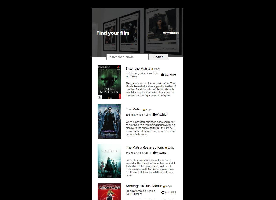 Screenshot of movie watchlist app